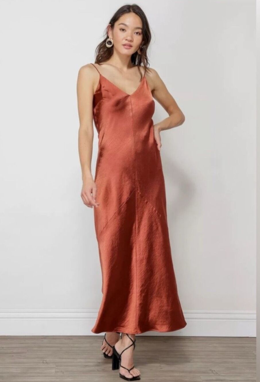 NWT Line & Dot Satin Slip Dress Burnt Orange Brown Romantic Beach Size Medium